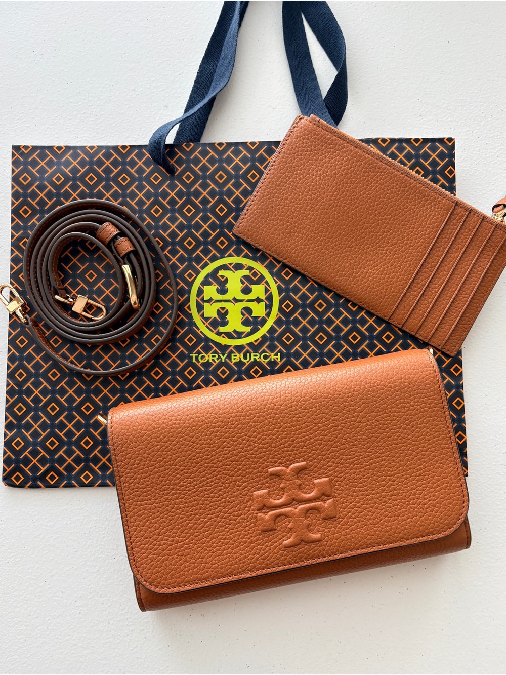 Tory Burch Cognac Brown Pebbled Leather Crossbody Wallet & Card Holder Set NWOT